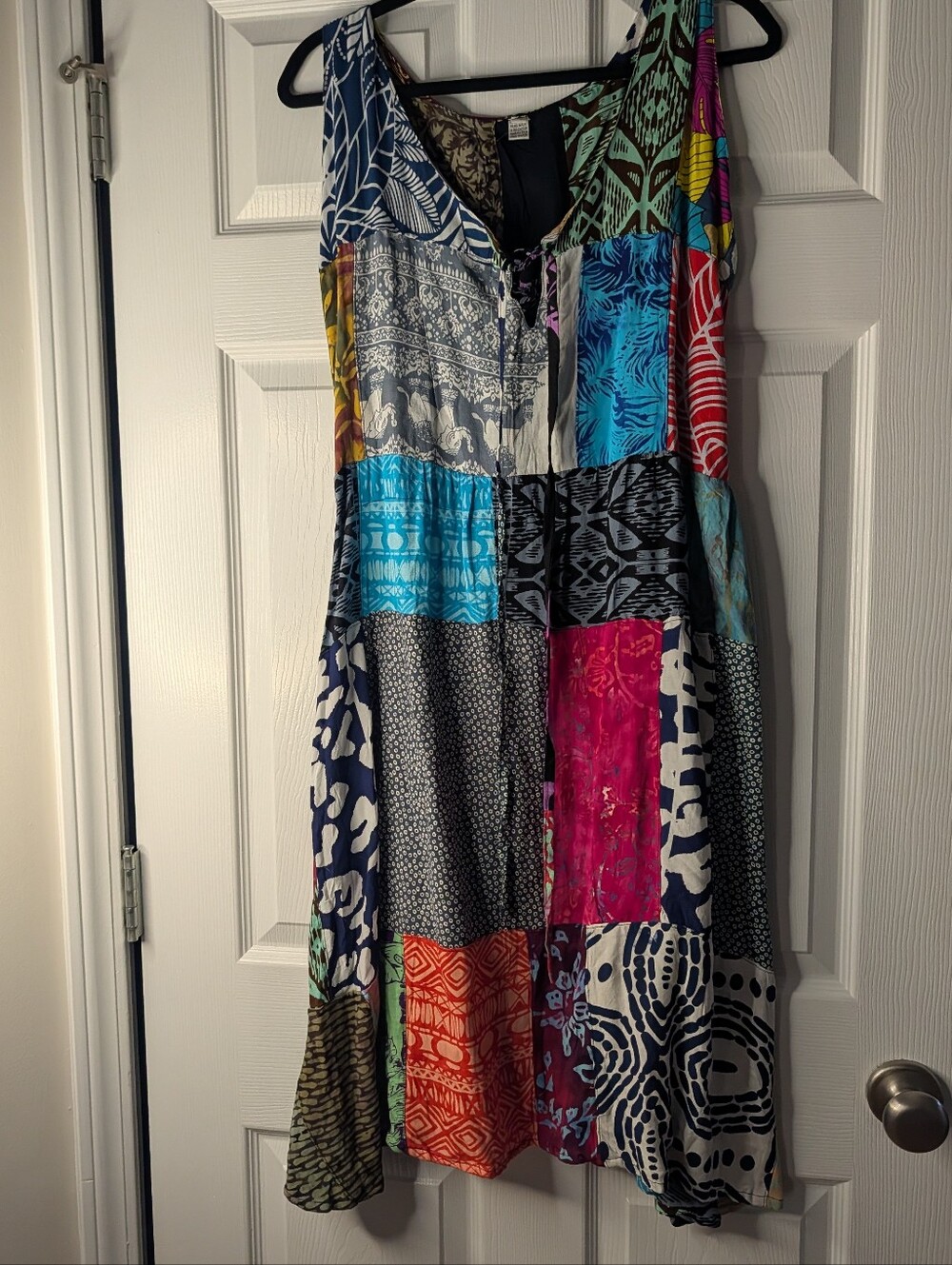 Women’s L/XL Patchwork Boho Midi Dress 100% Rayon Sleeveless Multicolor Hippie